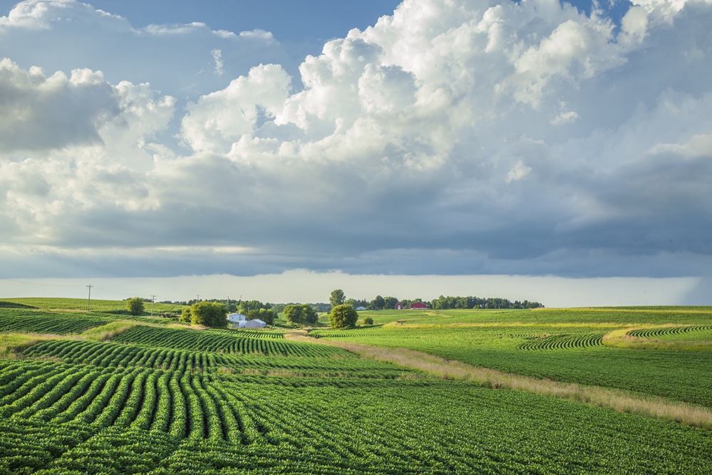 Farm and fields below dramatic clouds during summer in rural Min