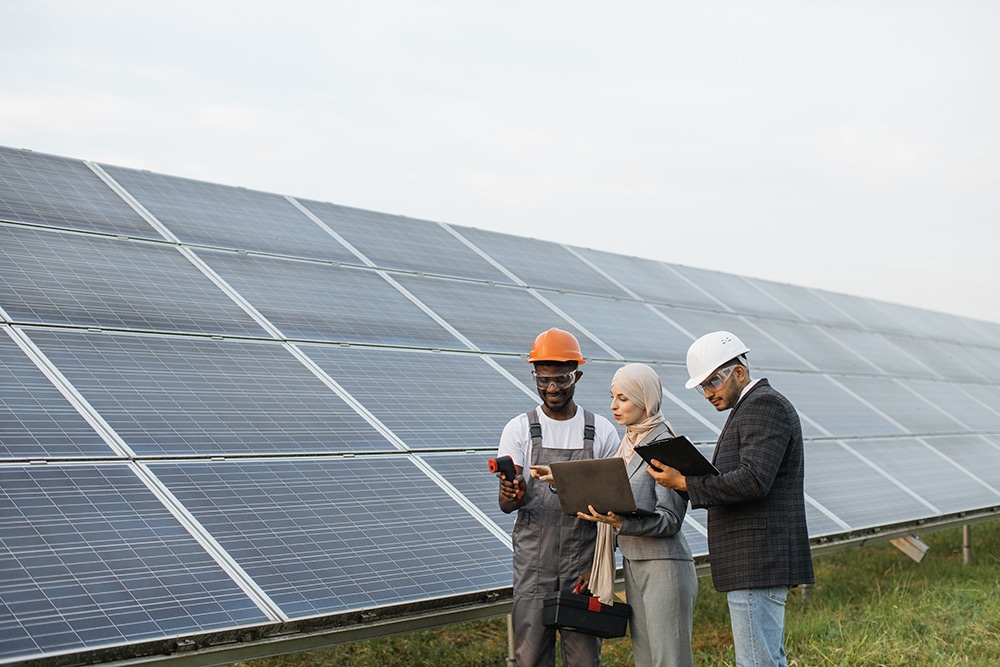 Multicultural people checking temperature of solar panels